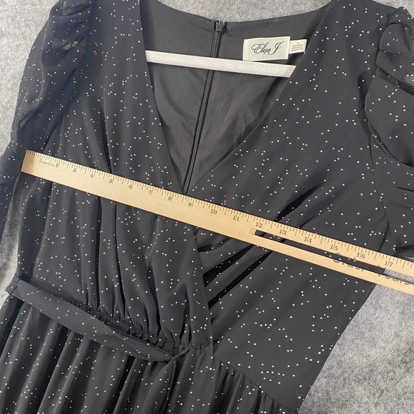 Eliza J Maxi Dress 6 Black Long Puff Sleeve Faux Wrap Studded Chiffon V-Neck - Picture 9 of 14